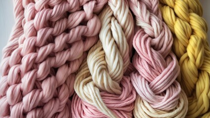 Zoomed-In Look at Chunky Knit Wool Blankets in Soft Pink, Beige, and Yellow - Snug Handcrafted Textures for Home Styling