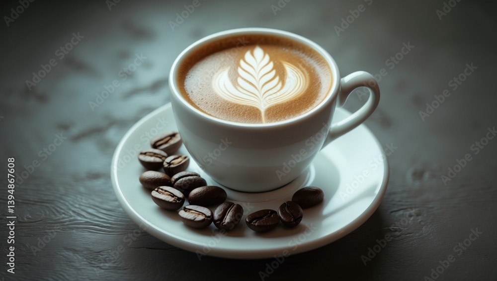 Poster coffee beans and a latte cup on a separate background