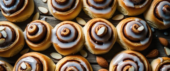 Fototapeta premium Overhead horizontal view of almond cinnamon rolls close up on the table