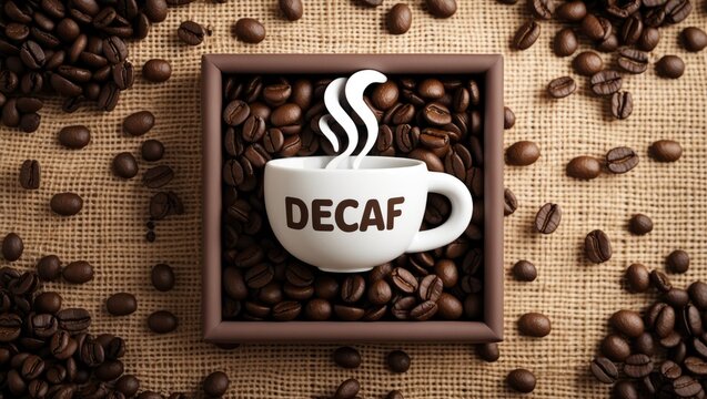 Decaf text on a mug framed by scattered coffee beans with the aroma of a caffeine-free hot beverage - Powered by Adobe