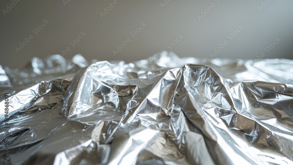 Poster silver metallic foil texture with crinkles and an abstract reflective surface.