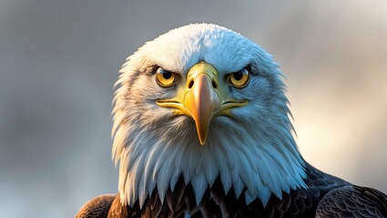 Fototapeta premium Portrait of a bald eagle in close-up, confronting the viewer with its sharp gaze