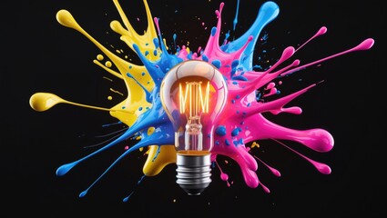 Creative light bulb eruption featuring splashes of yellow, blue, and pink paint against a black background.