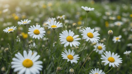 Fototapeta premium Detailed shot of a chamomile field in bloom. Therapeutic chamomile
