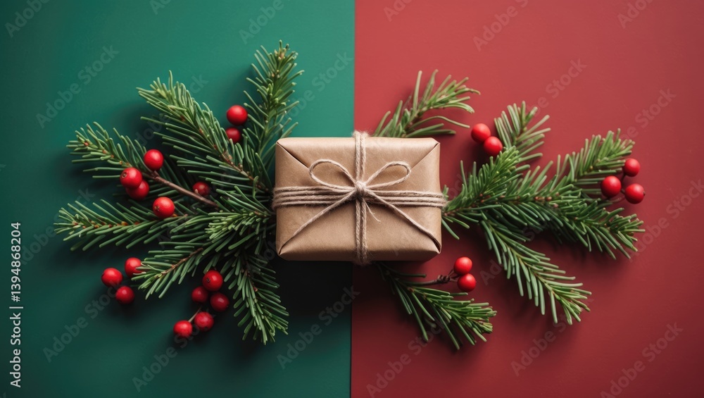 Aufkleber Construct a gift box with spruce branch and red berries on a surface. Eco-friendly concept. Text placement. Aerial perspective.