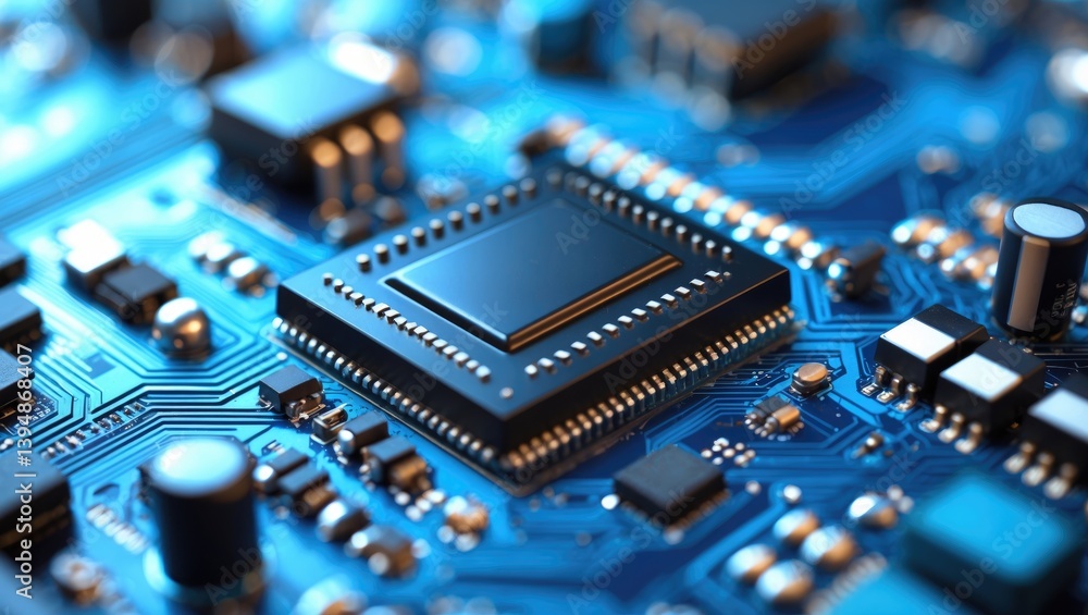 Aufkleber semiconductor microchip integrated on a blue circuit board symbolizing the high-tech sector and comp