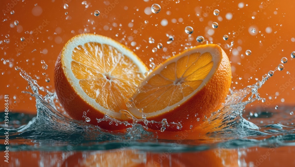 Poster unique composition of fresh sliced oranges and orange fruit combined with splashing water on an oran
