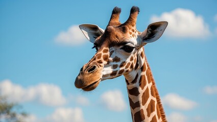Naklejka premium With a neck that may reach 6 meters, the giraffe stands as the tallest land mammal on Earth. This image depicts a single giraffe feeding in the wild.