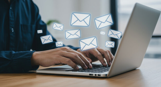 Email Overload: Hands Typing on Laptop with Floating Email Icons - Managing Inbox, Productivity & Communication