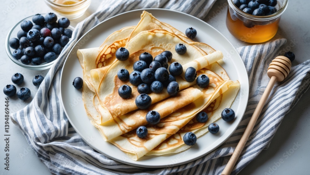 Poster white plate featuring crepes, thin pancakes or blini with berries. top-down view. space for addition