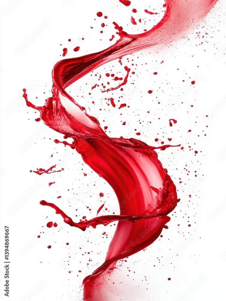 Poster dynamic crimson fluid motion against clean white backdrop creating visually striking splash effect