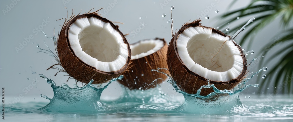 Poster coconut split open with water splashing. tropical concept.
