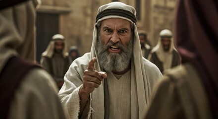 Angry jewish man with beard points and yells, sermon on religious issues, biblical, historical figure for illustrating old testament and christianity themes, faith