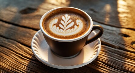 Coffee cup for takeaway on wooden table featuring latte art.