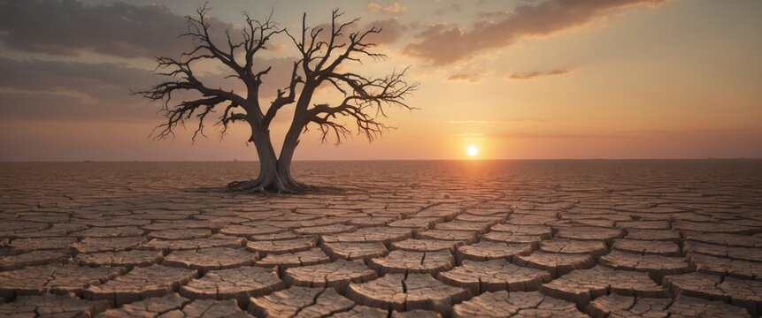 The idea of global warming. Solitary dead tree against a dramatic sunset sky over a broken landscape.
