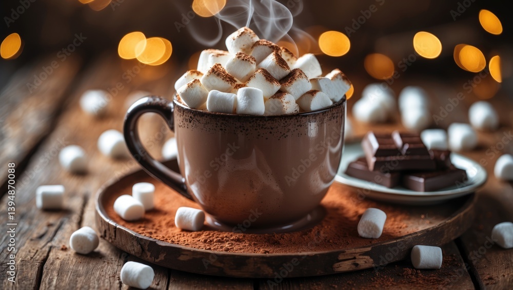 Poster container of scented hot chocolate with marshmallow topping and cocoa sprinkle on wooden table