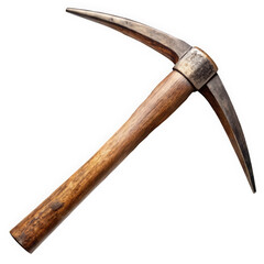 An old-fashioned pickaxe with a wooden handle and sharp metal head, ideal for mining and excavation work, showcasing a rustic charm.