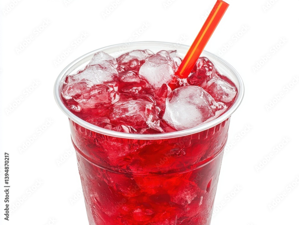 Poster refreshing red drink with ice cubes and a straw in a clear plastic cup on a white background creatin