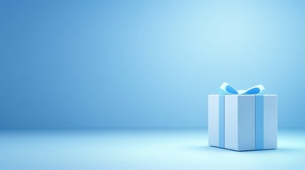 Exquisite white gift box adorned with a delicate blue bow on serene blue backdrop