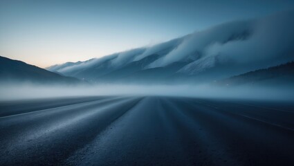 Shadowy road, dark blue asphalt abstract scenery, deserted dark mountain range, with cold white smoke rising for product display