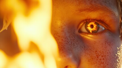 Close-up of freckled caucasian child's eye reflected in firelight