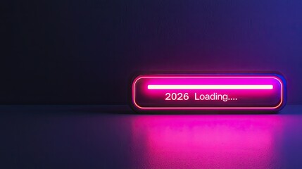 Minimalist yet striking neon sign with a progress bar and "2026 Loading..." text, symbolizing optimism and a futuristic celebration.