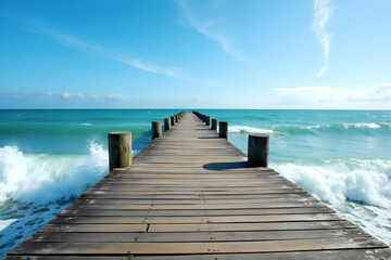 Obraz premium A Serene Escape, Capturing the Tranquility of a Weathered Wooden Pier Extending into the Turquoise Expanse of the Ocean Under a Clear Blue Sky
