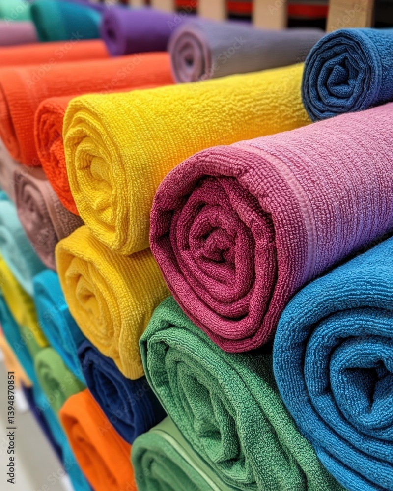 Poster vibrant rolled towels in a colorful display showcasing soft texture and neat arrangement for bathroo