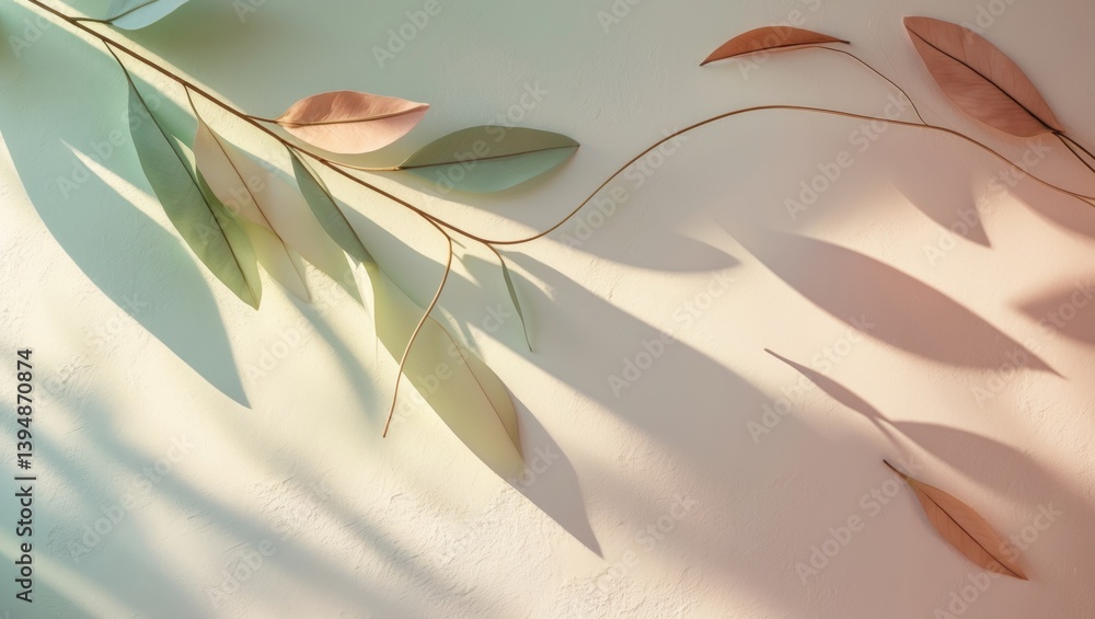 Poster abstract diagonal shadows of tree leaves on textured solid wall.