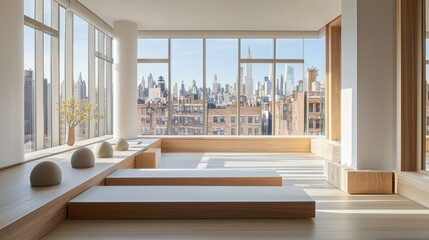 Minimalist yoga studio featuring sleek wooden elements, natural light, and a panoramic skyline backdrop.