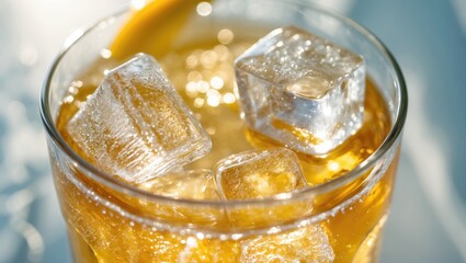 Close-up view of ice cubes in a glass of tea for backdrop.