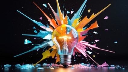A creative light bulb bursts, scattering colorful paint and shards of glass against a black background.