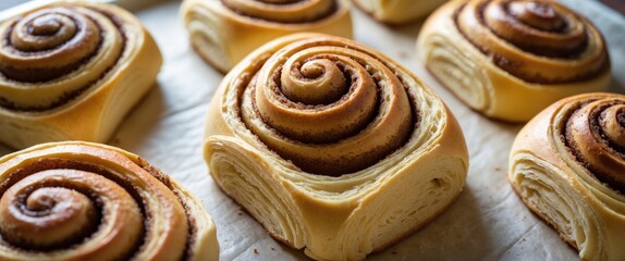 Fototapeta premium Cinnamon rolls up close. A baking sheet filled with cinnamon buns. Focused shot