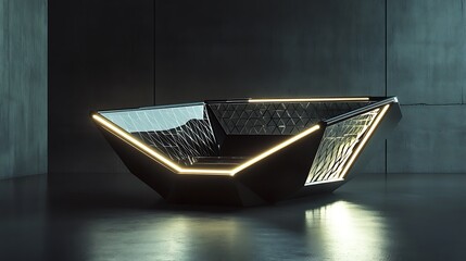 A bold futuristic design with a glowing lattice frame and angular aesthetics 