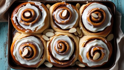 Fototapeta premium Top-Down Vertical Perspective of Almond Cinnamon Rolls on the Table