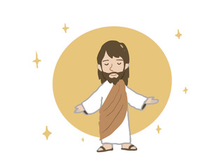 An illustration of a cute Jesus Christ radiating a golden aura from his entire body.