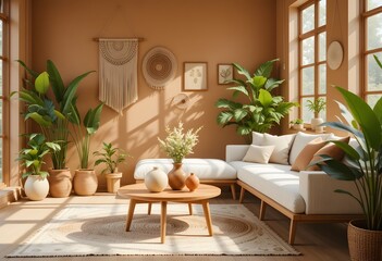 Cozy Interior Design, Earthy Tones, And Natural Light Create A Welcoming Home. Modern Wooden Table With Decorative Pots. A Sanctuary For Relaxation. White Sofa And Green Plants.