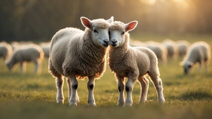 Fototapeta premium Gentle light bathes two young lambs as they cuddle and face each other. Portrait format