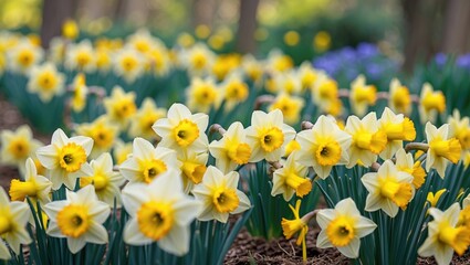 Obraz premium Zoomed-in image of a multitude of yellow daffodils in a flower border during spring
