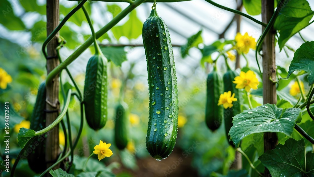 Poster vine of cucumber twisting on trellis in garden