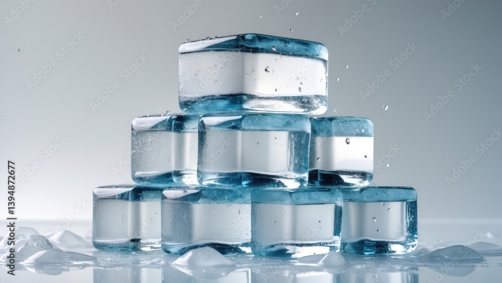 Poster Cubes of clear ice with natural texture resting on a shiny white surface.