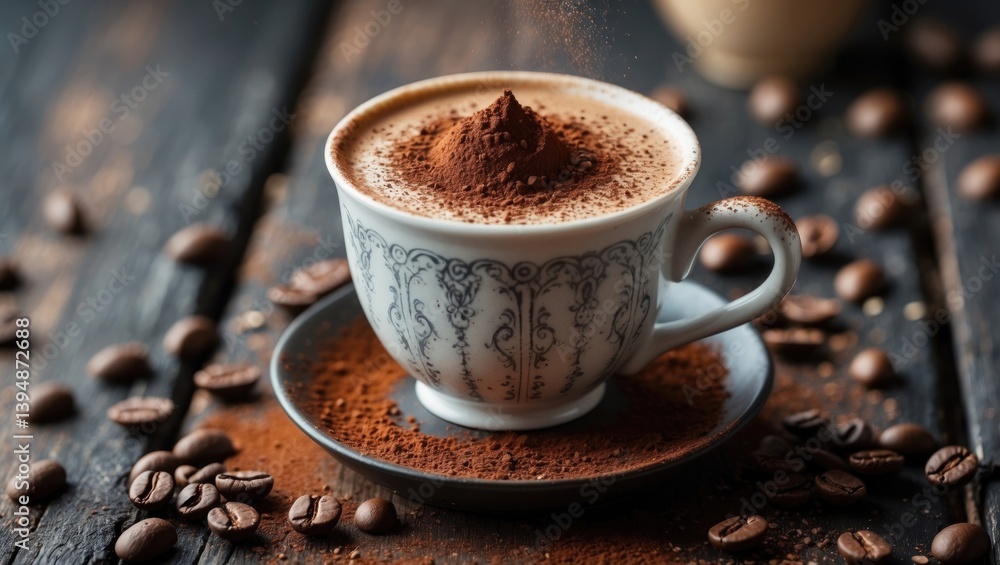 Poster cup of cocoa-topped cappuccino on a dark wood background