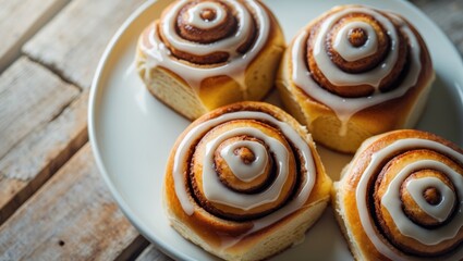 Fototapeta premium Plate of cinnamon buns resting on a wooden surface