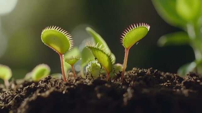 Venus flytrap close-up - young green plants in soil against blurred natural background