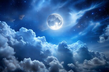 Full moon in night sky texture with fluffy clouds and starry background