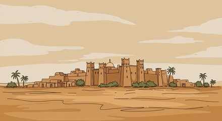 Ancient city wall surrounded by desert landscape, middle east architecture with stone buildings, palisade and palms in middle eastern biblical illustration