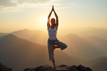 A Serene Woman Practicing Tree Yoga Pose at Sunrise with Mountain Views, Embracing Balance and Mindfulness for Wellness and Inner Peace Connection