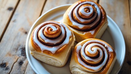 Fototapeta premium Wooden table featuring a plate of cinnamon rolls
