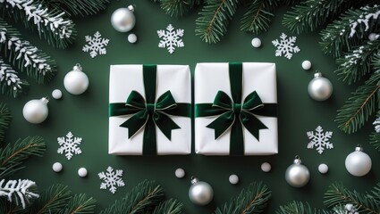 Fototapeta premium Christmas frame with a tree and gifts in the background. Winter celebration. Text space available. Top view, flat lay. Template, mockup. Greeting card.