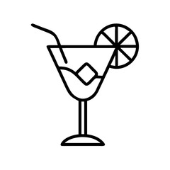 Outline cocktail glass with lemon slice and straw vector illustration for summer drink concept design 